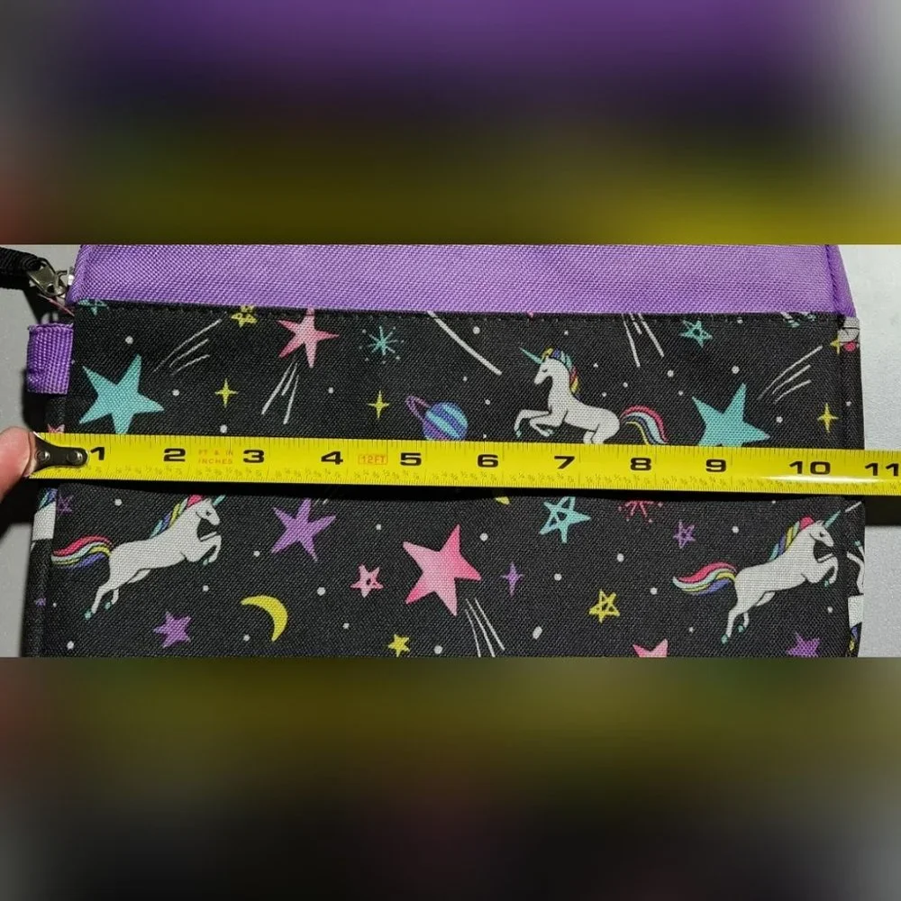 Tablet sleeve with unicorn print and purple trim